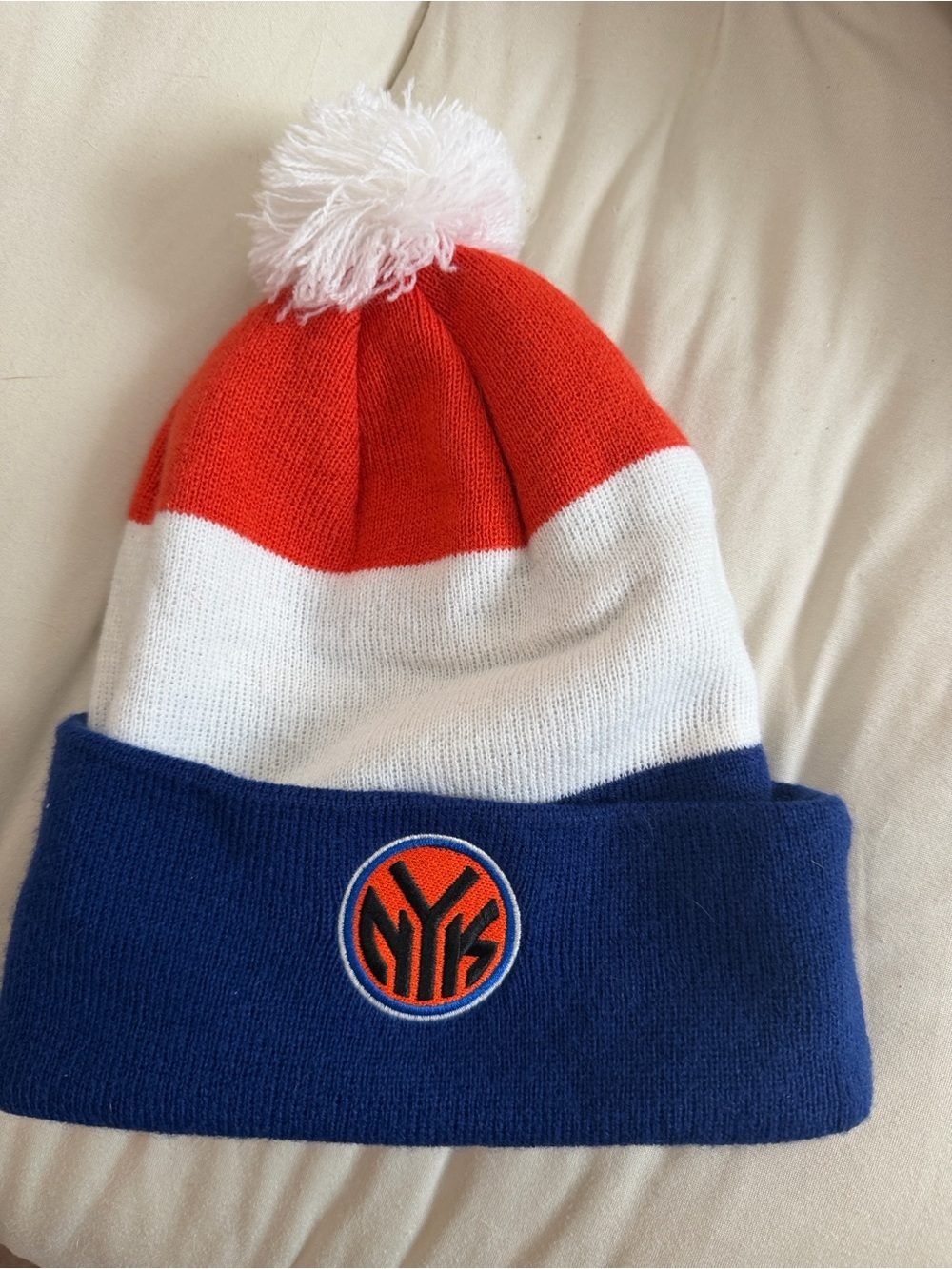 New York Knicks Kids Pom Beanie Hat - Blue White Orange